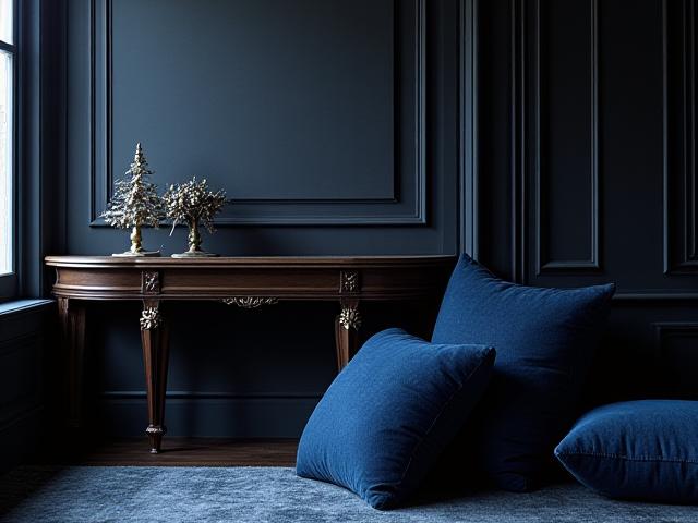 Elegant inrett rum med mörka trämöbler, mässingsdetaljer och djupblåa kuddar, havsinspirerat