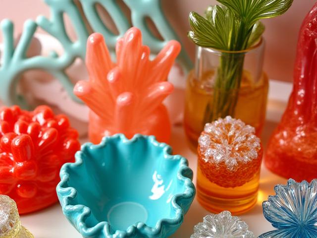 Vibrant och unika inredningsdetaljer med korall- och marina teman, färgstarka prydnadssaker