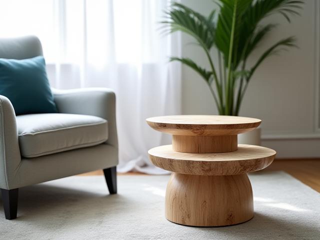 Runt sidebord i återvunnet trä med korallinspirerad design