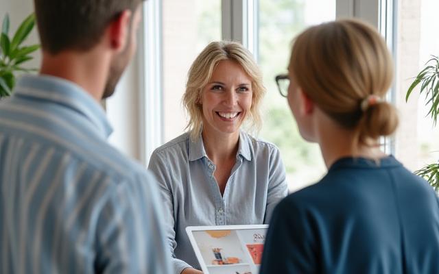 En inredare diskuterar inredningsplaner med en kund i ett ljust hem