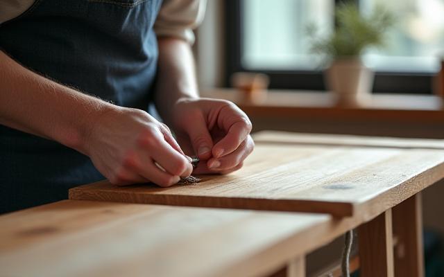 En hantverkare arbetar med att skräddarsy en möbel i en ljus verkstad